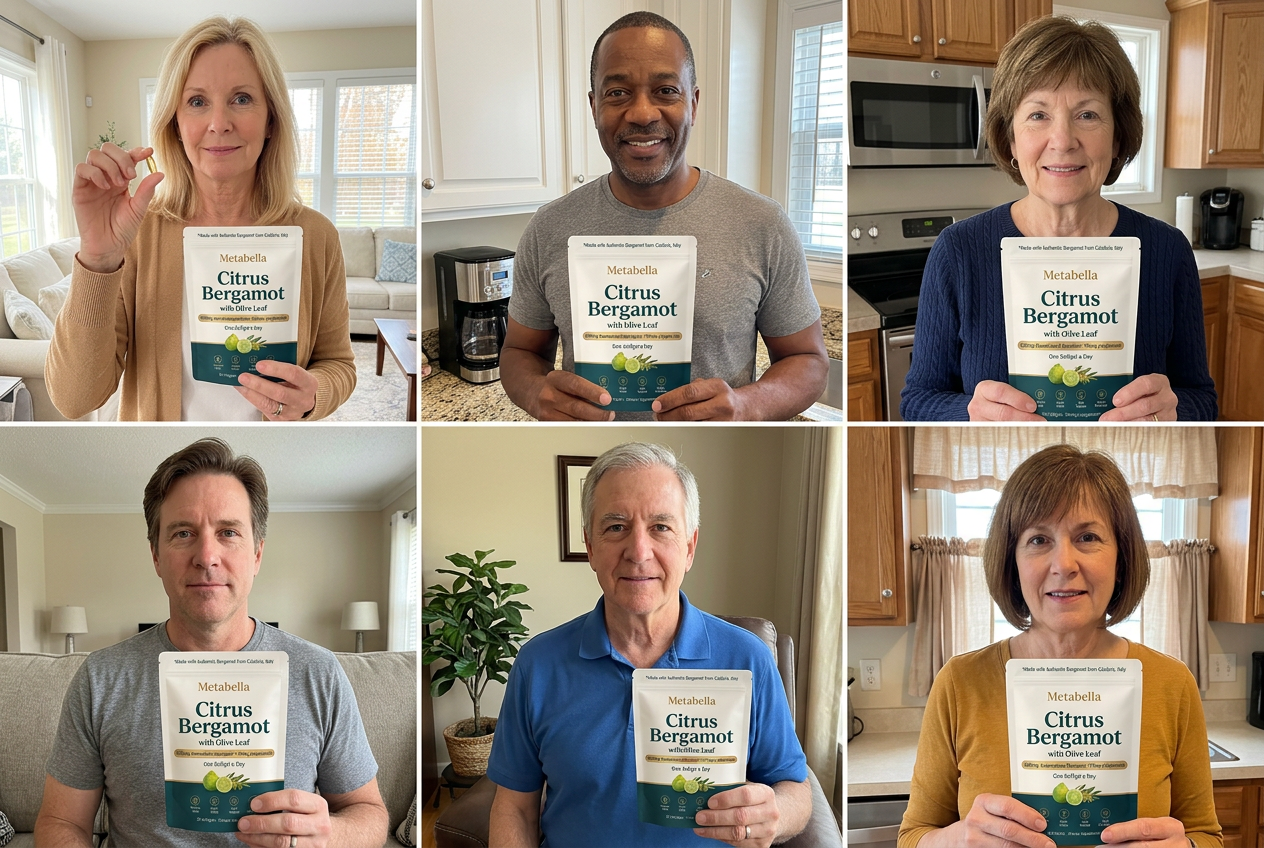 Collage of six happy customers over 50 holding Metabella Citrus Bergamot