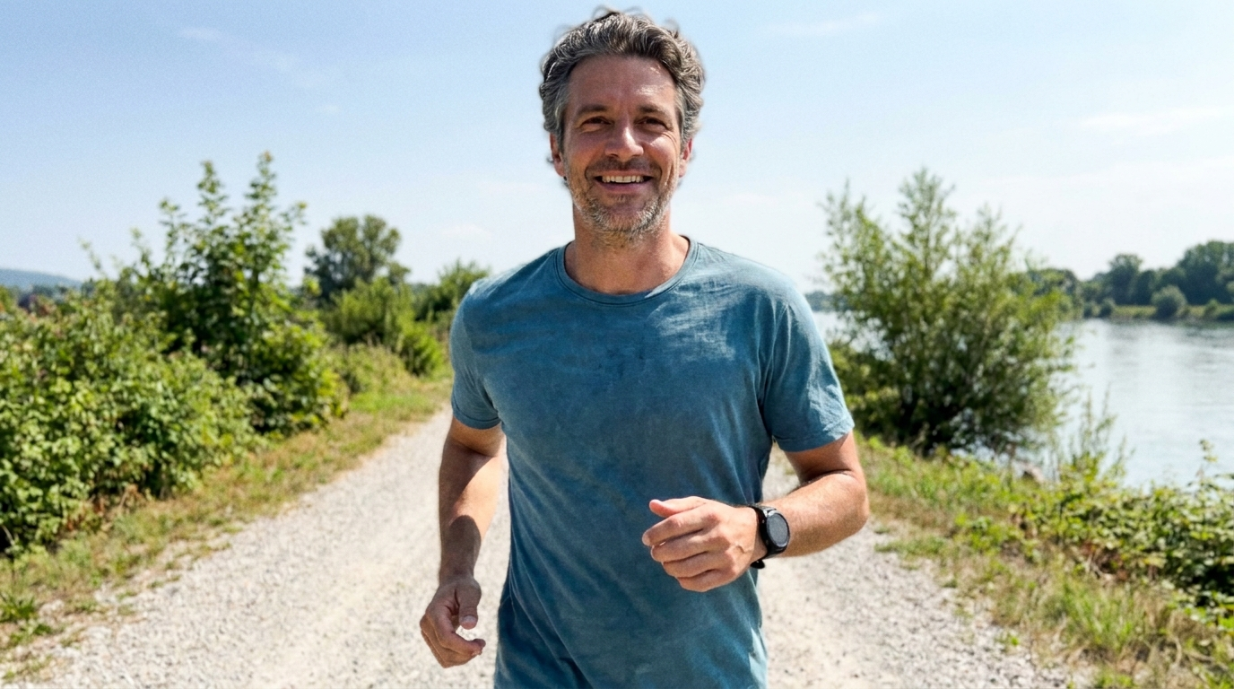 Man in his sixties walking outdoors with steady energy