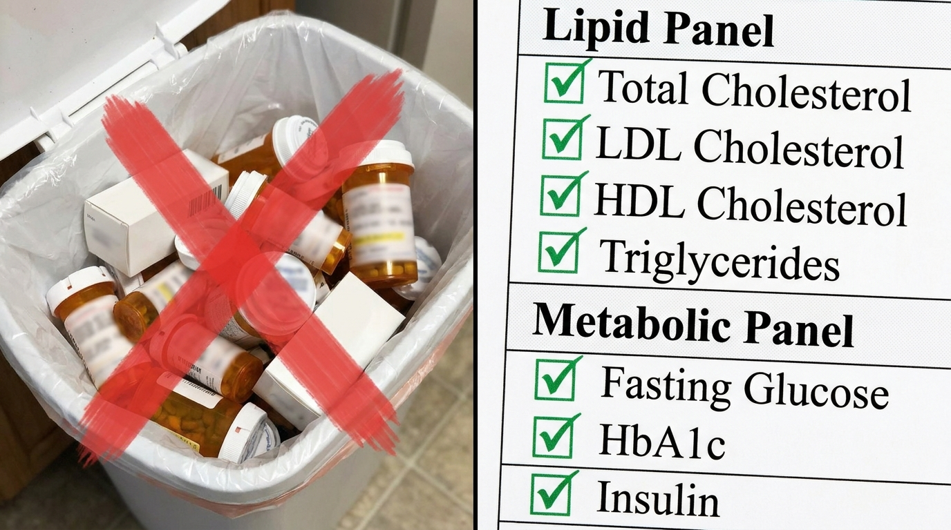 Pill bottles crossed out next to healthy lipid and metabolic panel checklist