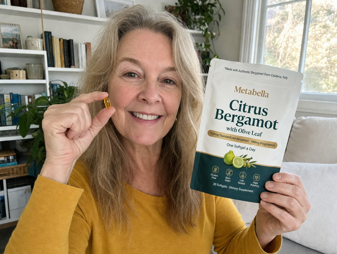 Woman over 50 holding Metabella Citrus Bergamot softgel and pouch
