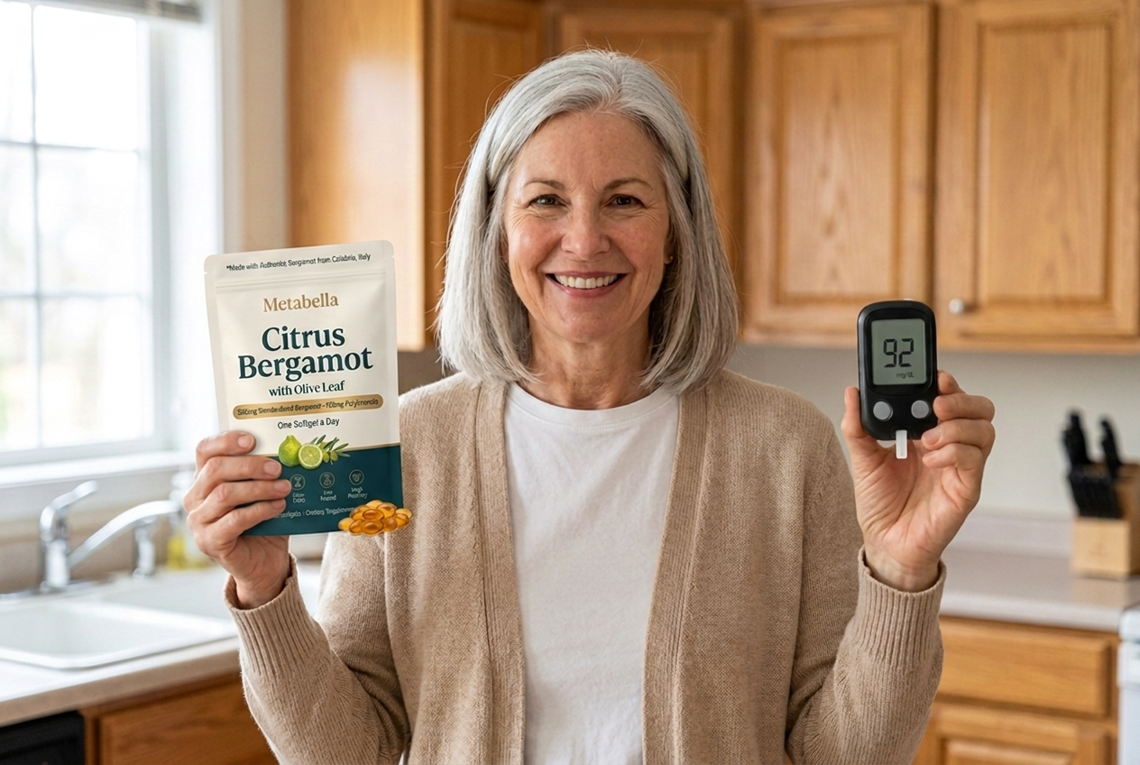 Smiling woman holding Metabella Citrus Bergamot with Olive Leaf and a glucose meter reading 92
