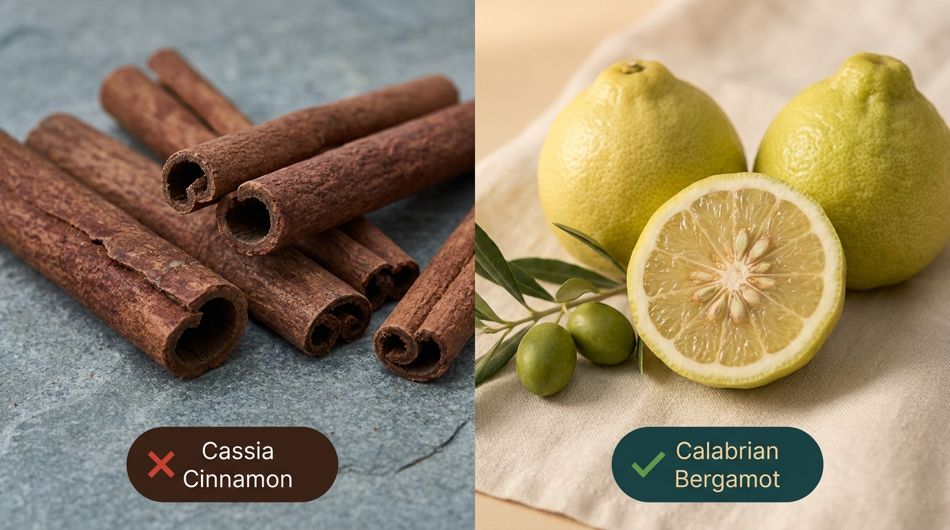 Cassia Cinnamon with red cross versus Calabrian Bergamot with green check