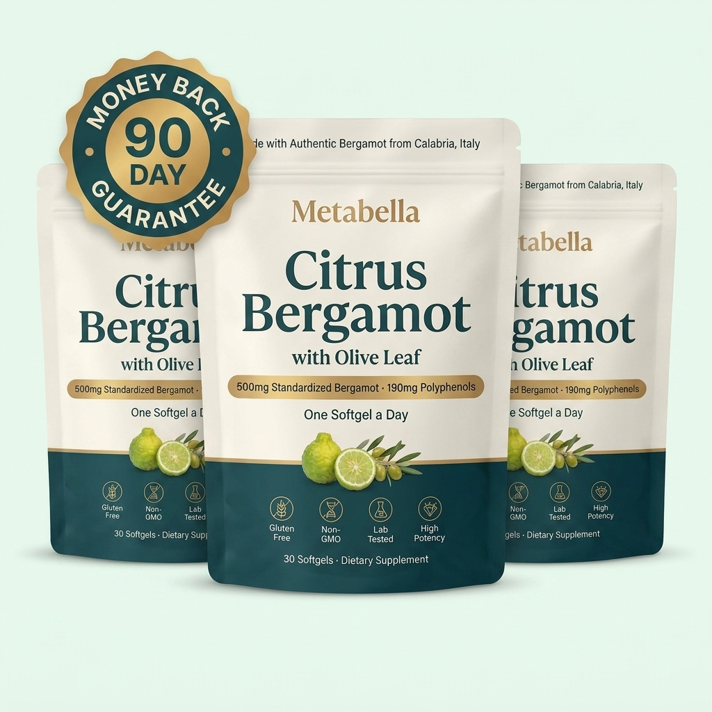 Three pouches of Metabella Citrus Bergamot with a gold 90-day guarantee seal